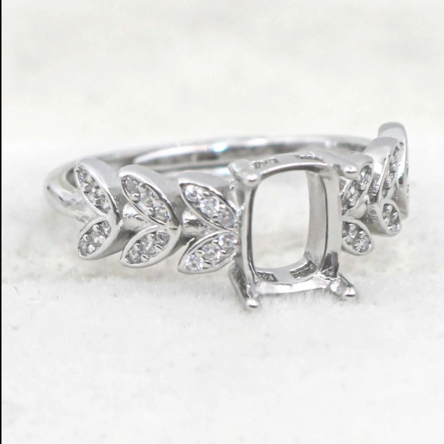 Miners Bench® Opal Friendly Prong / Claw Setting Sterling Silver 925 Adjustable Ring Setting for Square 8x6mm main stone part set with Cubic Zirconia SETFJ77-8x6-A