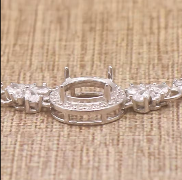 Miners Bench® Opal Friendly Prong / Claw Setting Sterling Silver 925 Bracelet Setting for 10mm Round main stone part set with Cubic Zirconia SETB585-10