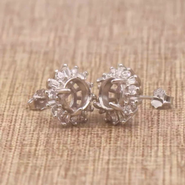 Miners Bench® Opal Friendly Prong / Claw Setting Sterling Silver 925 Earring stud pair Setting for Round 6mm main stones part set with Cubic Zirconia SETE359-6mm