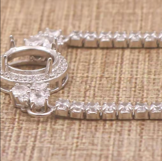 Miners Bench® Opal Friendly Prong / Claw Setting Sterling Silver 925 Bracelet Setting for 10mm Round main stone part set with Cubic Zirconia SETB585-10